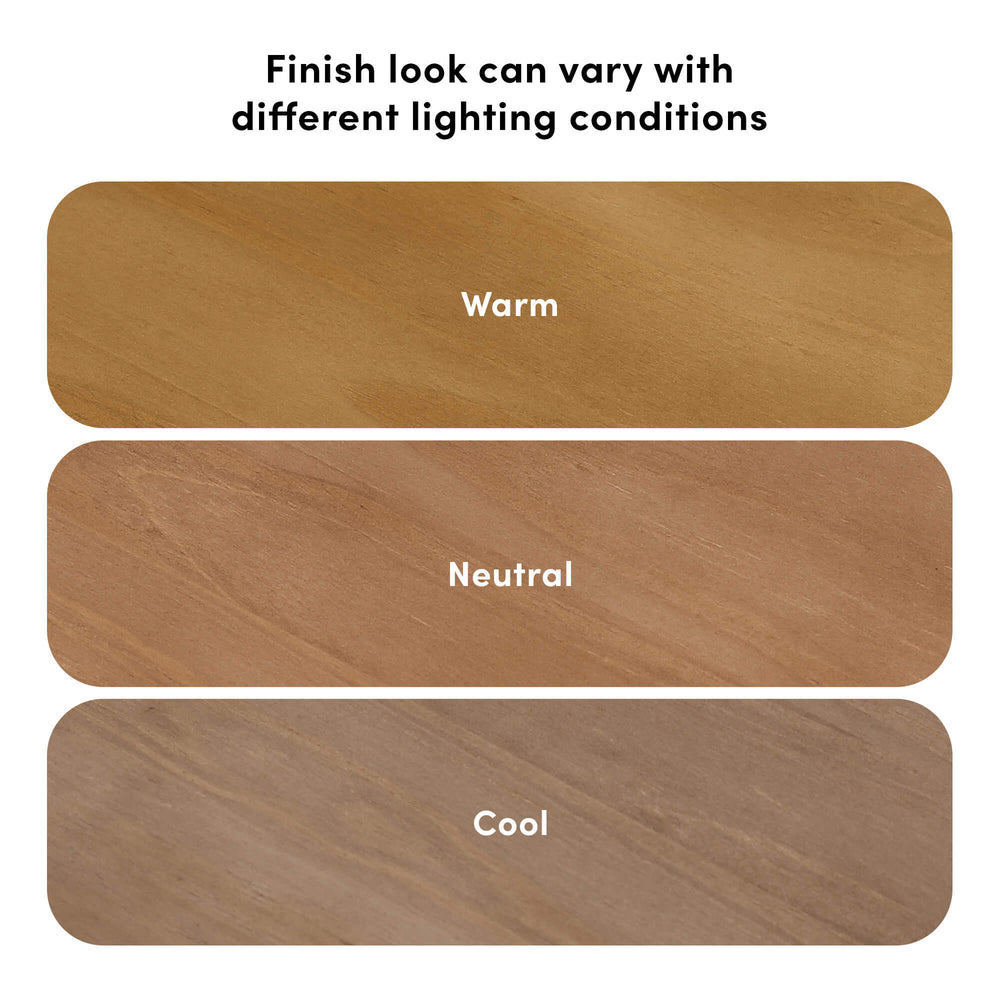Max And Lily Modern Farmhouse Twin Low Loft Pecan Finish Comparison Max and Lily Modern Farmhouse Twin Low Loft in Pecan - diagram showing how the wood finish appears warm, neutral, or cool under different lighting conditions.