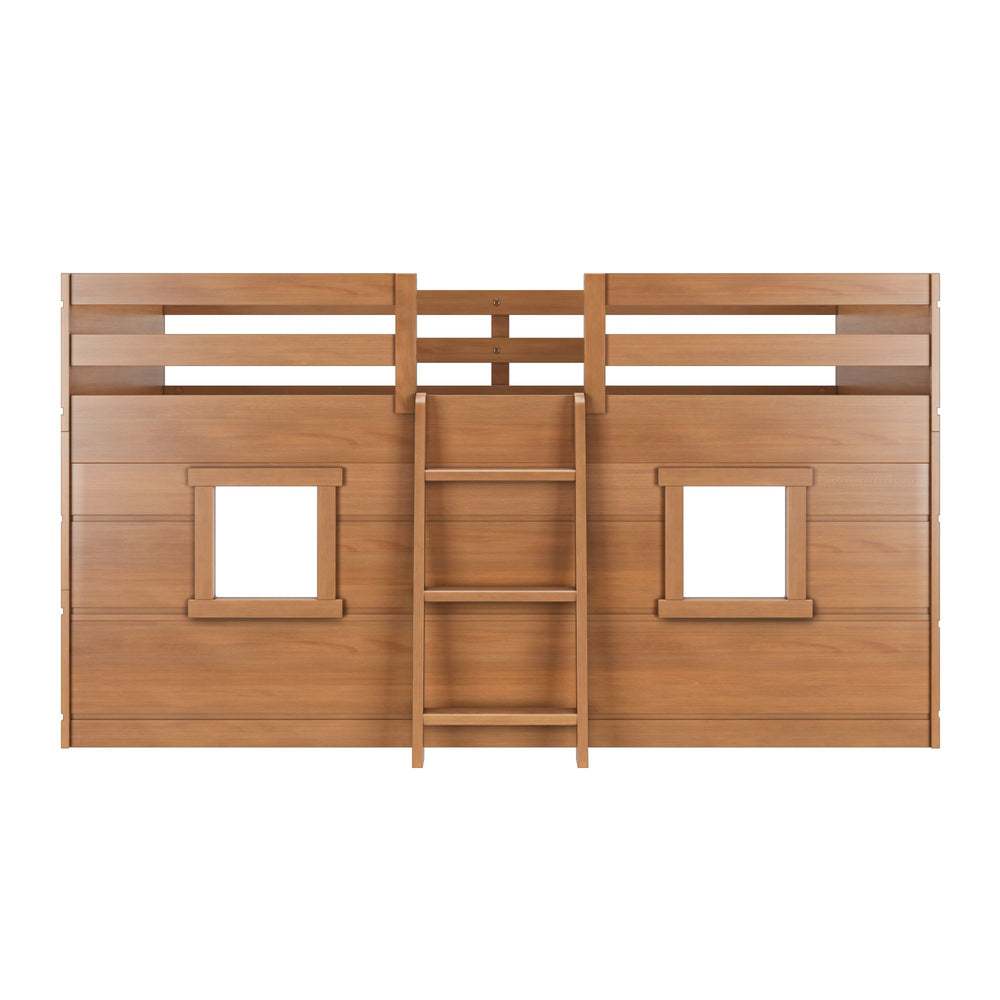 Max And Lily Modern Farmhouse Twin Low Loft Pecan Front View 4 Max and Lily Modern Farmhouse Twin Low Loft in Pecan - front studio view showing the ladder and two window cutouts in the paneled sides.