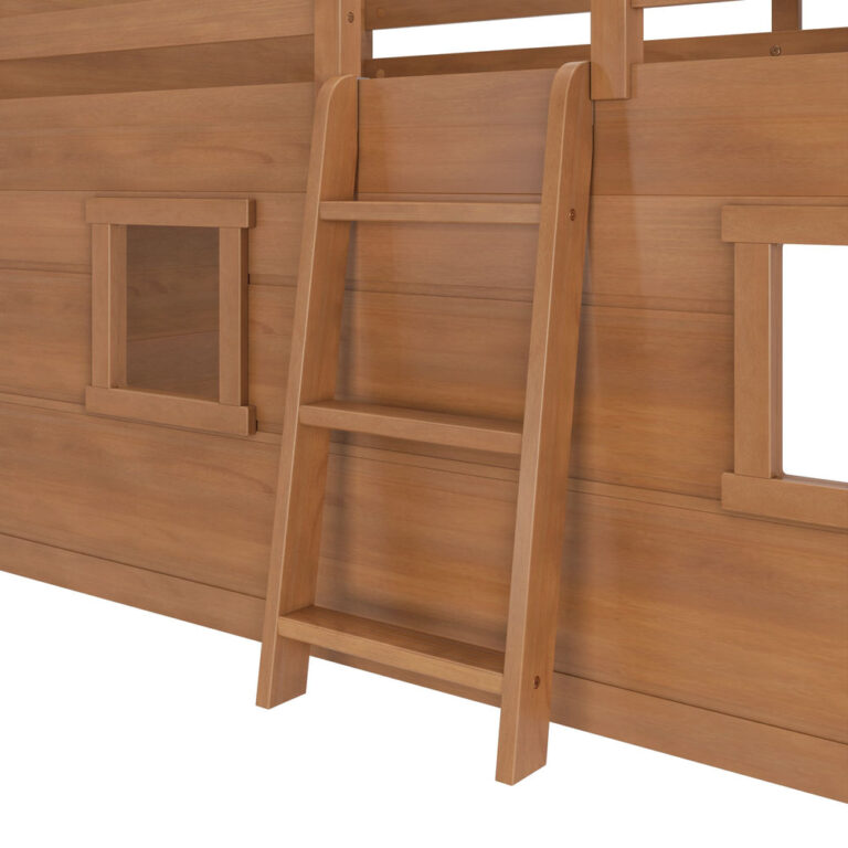 Max And Lily Modern Farmhouse Twin Low Loft Pecan Ladder Detail 5 Max and Lily Modern Farmhouse Twin Low Loft in Pecan - close-up of the angled ladder and a playhouse window cutout in the side panel.