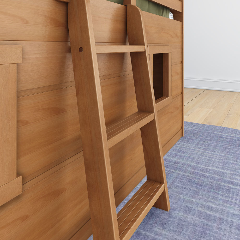 Max And Lily Modern Farmhouse Twin Low Loft Pecan Ladder Detail 7 Max and Lily Modern Farmhouse Twin Low Loft in Pecan - close-up of the ladder rungs and a playhouse window cutout in the paneled side.