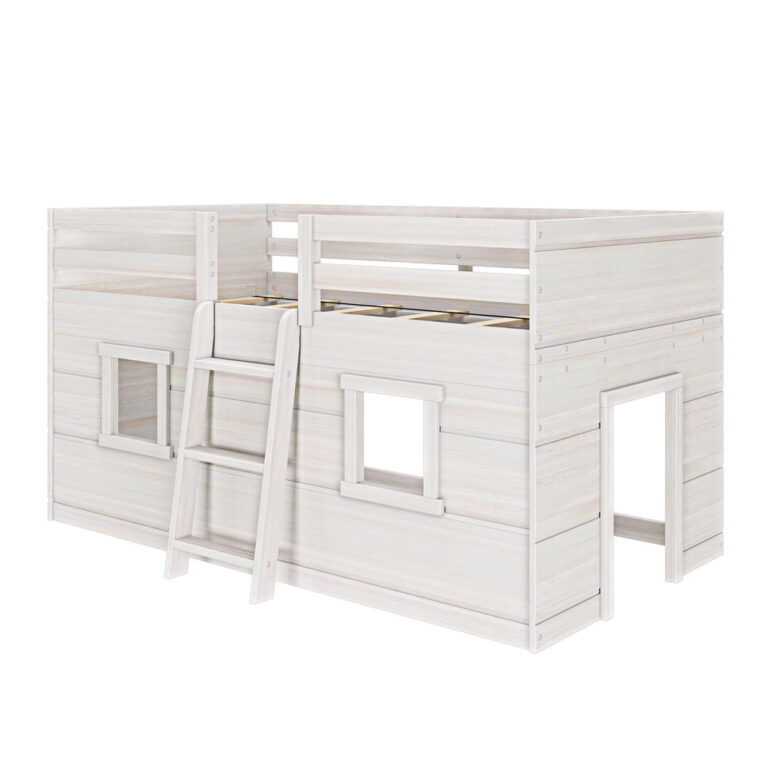 Max And Lily Modern Farmhouse Twin Low Loft White Wash Angle View Max and Lily Modern Farmhouse Twin Low Loft in White Wash - angled studio view of the playhouse side with windows, a crawl-through opening, and ladder.