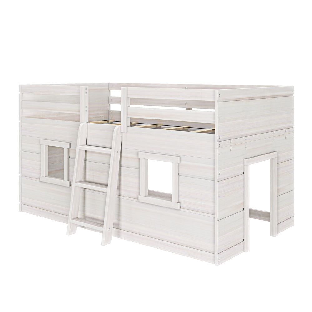 Max And Lily Modern Farmhouse Twin Low Loft White Wash Angle View Max and Lily Modern Farmhouse Twin Low Loft in White Wash - angled studio view of the playhouse side with windows, a crawl-through opening, and ladder.