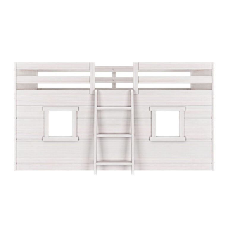 Max And Lily Modern Farmhouse Twin Low Loft White Wash Front View 4 Max and Lily Modern Farmhouse Twin Low Loft in White Wash - straight-on front view showing the two playhouse windows and center ladder.