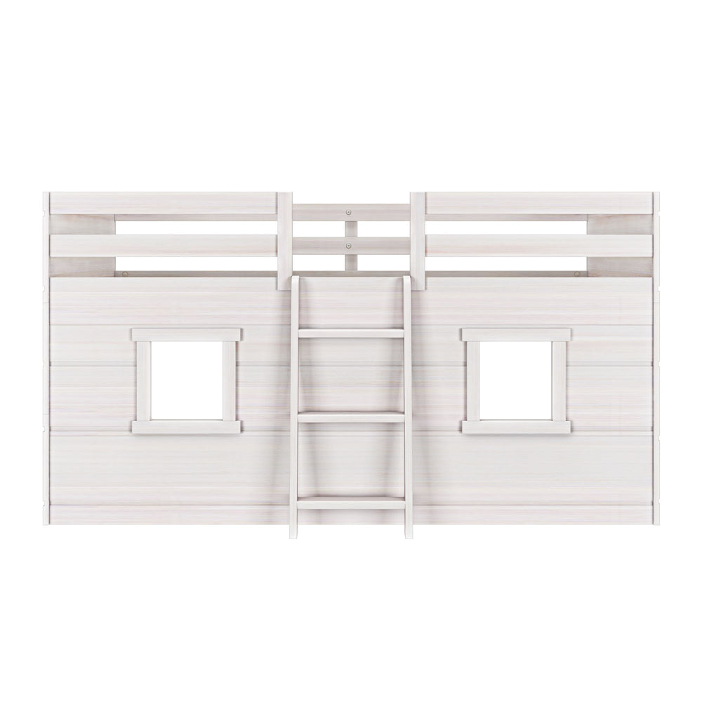 Max And Lily Modern Farmhouse Twin Low Loft White Wash Front View 4 Max and Lily Modern Farmhouse Twin Low Loft in White Wash - straight-on front view showing the two playhouse windows and center ladder.