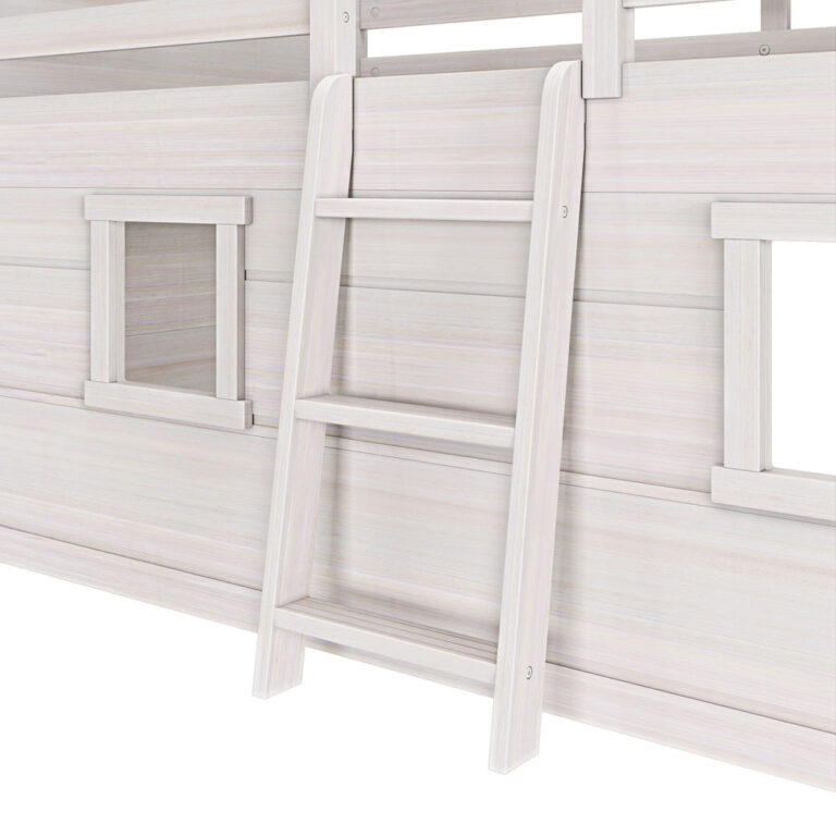 Max And Lily Modern Farmhouse Twin Low Loft White Wash Ladder Detail 5 Max and Lily Modern Farmhouse Twin Low Loft in White Wash - close-up of the angled ladder beside a playhouse window.