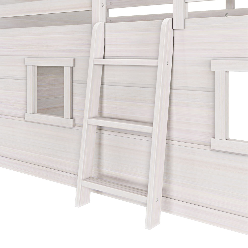 Max And Lily Modern Farmhouse Twin Low Loft White Wash Ladder Detail 5 Max and Lily Modern Farmhouse Twin Low Loft in White Wash - close-up of the angled ladder beside a playhouse window.