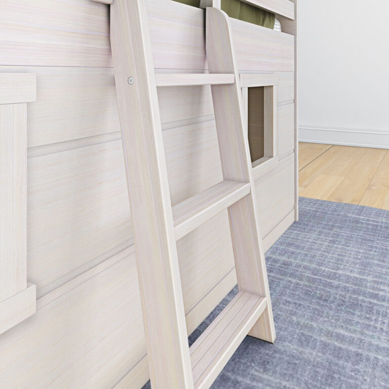 Max And Lily Modern Farmhouse Twin Low Loft White Wash Ladder Detail 7 Max and Lily Modern Farmhouse Twin Low Loft in White Wash - close-up of the angled ladder against the paneled bed frame.