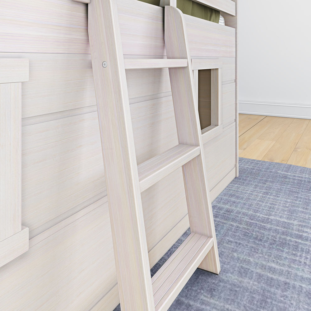 Max And Lily Modern Farmhouse Twin Low Loft White Wash Ladder Detail 7 Max and Lily Modern Farmhouse Twin Low Loft in White Wash - close-up of the angled ladder against the paneled bed frame.