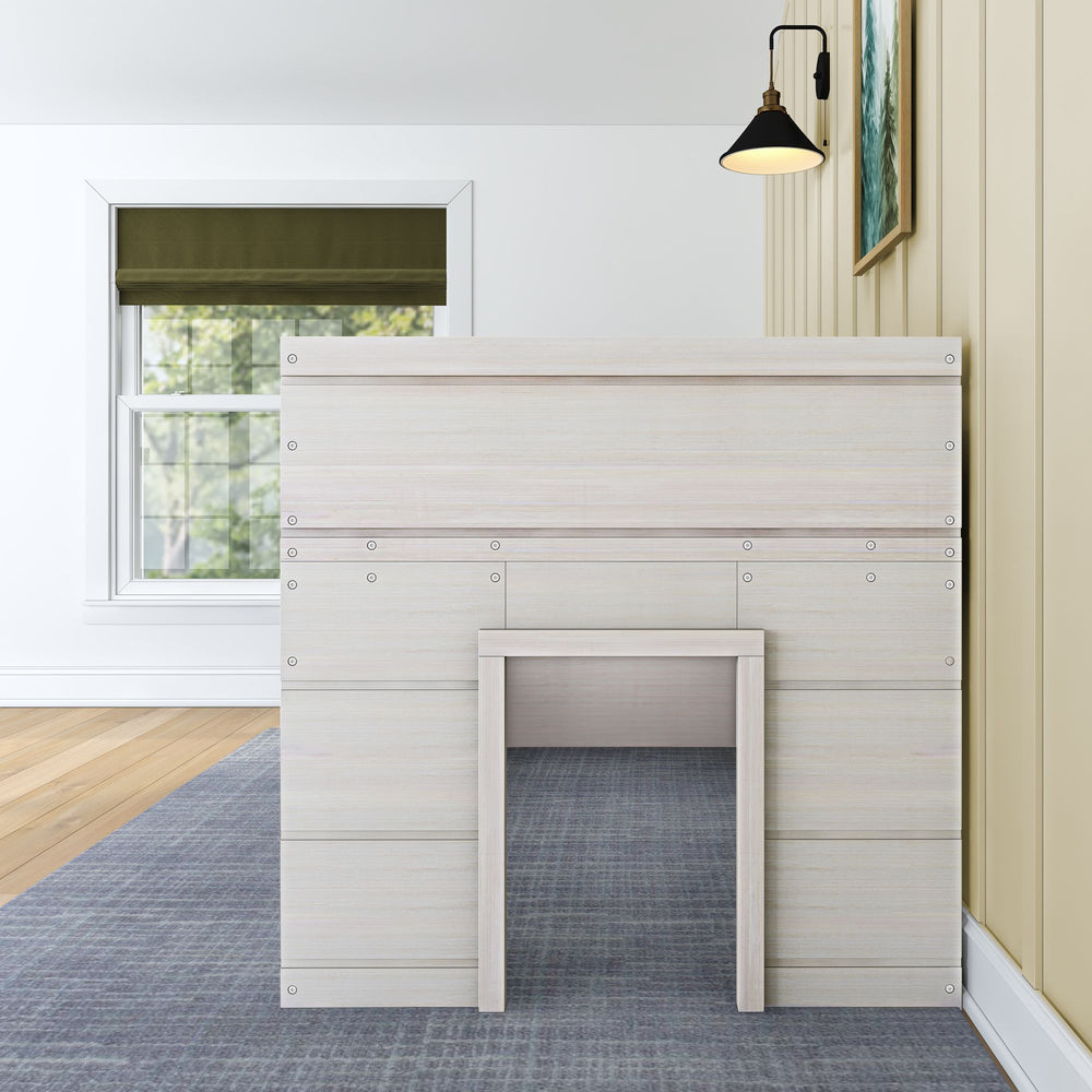 Max And Lily Modern Farmhouse Twin Low Loft White Wash Playhouse Opening Max and Lily Modern Farmhouse Twin Low Loft in White Wash - end view showing the crawl-through door opening at the foot of the bed in a room.