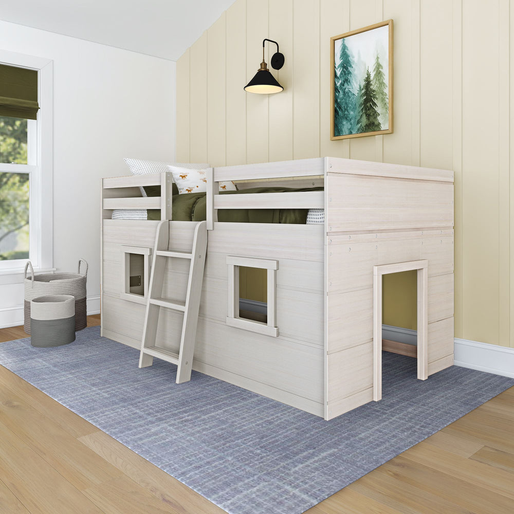 Max And Lily Modern Farmhouse Twin Low Loft White Wash Room Scene Max and Lily Modern Farmhouse Twin Low Loft in White Wash - angled view in a styled bedroom showing the playhouse windows, a crawl-through door opening, and an angled ladder.