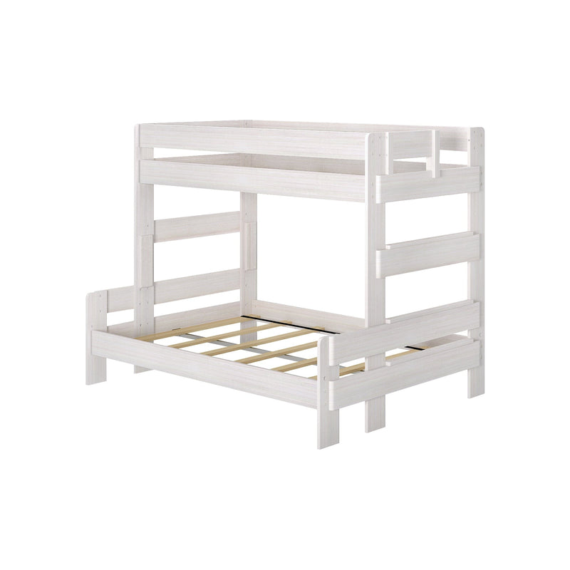 Max and Lily Modern Farmhouse Twin Over Full Bunk Bed - three-quarter studio view of the bare frame showing slatted upper guardrails, integrated end ladder, and full-size lower slat platform.