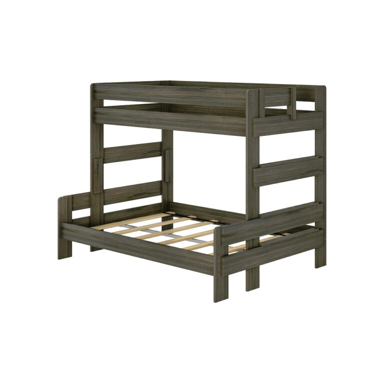 Max and Lily Modern Farmhouse Twin Over Full Bunk Bed in Barnwood Brown - angled product view on a white background showing the full frame and side ladder rails.