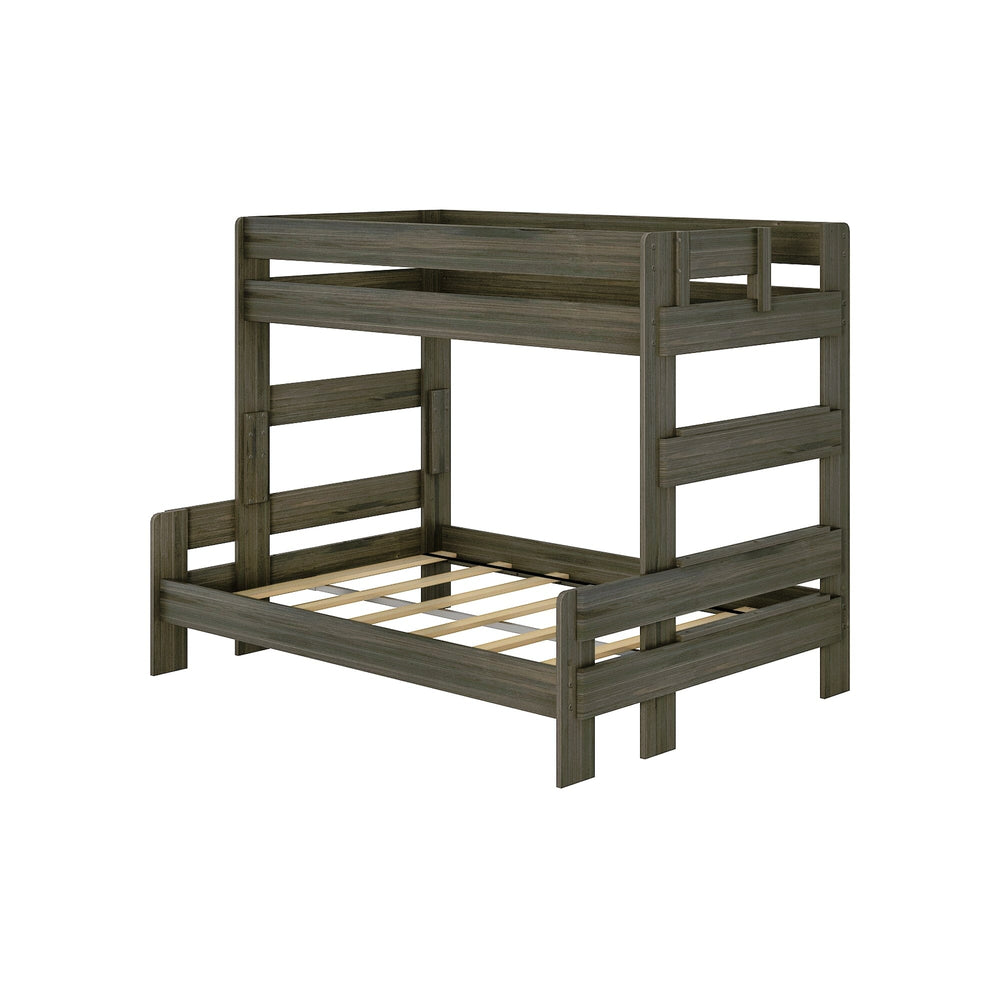 Max and Lily Modern Farmhouse Twin Over Full Bunk Bed in Barnwood Brown - angled product view on a white background showing the full frame and side ladder rails.