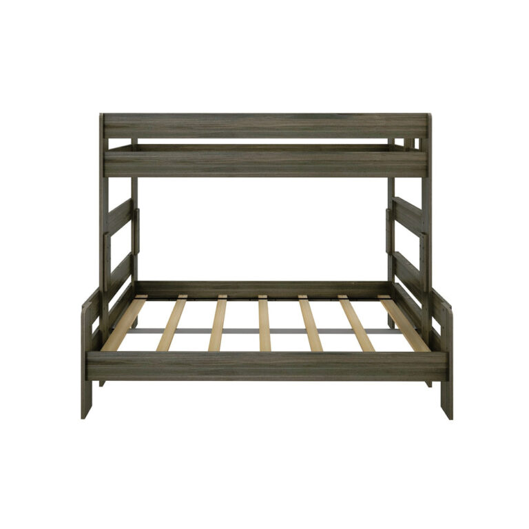 Max and Lily Modern Farmhouse Twin Over Full Bunk Bed in Barnwood Brown - front product view on a white background showing the exposed slat base of the lower full bed.