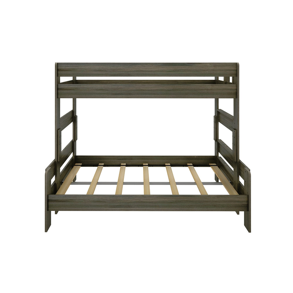 Max and Lily Modern Farmhouse Twin Over Full Bunk Bed in Barnwood Brown - front product view on a white background showing the exposed slat base of the lower full bed.
