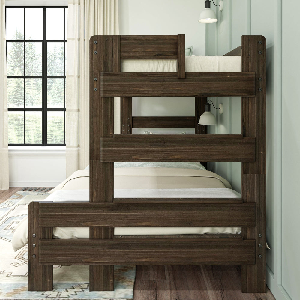 Max and Lily Modern Farmhouse Twin Over Full Bunk Bed in Barnwood Brown - close-up of the end frame with the integrated ladder rungs and safety guardrail.