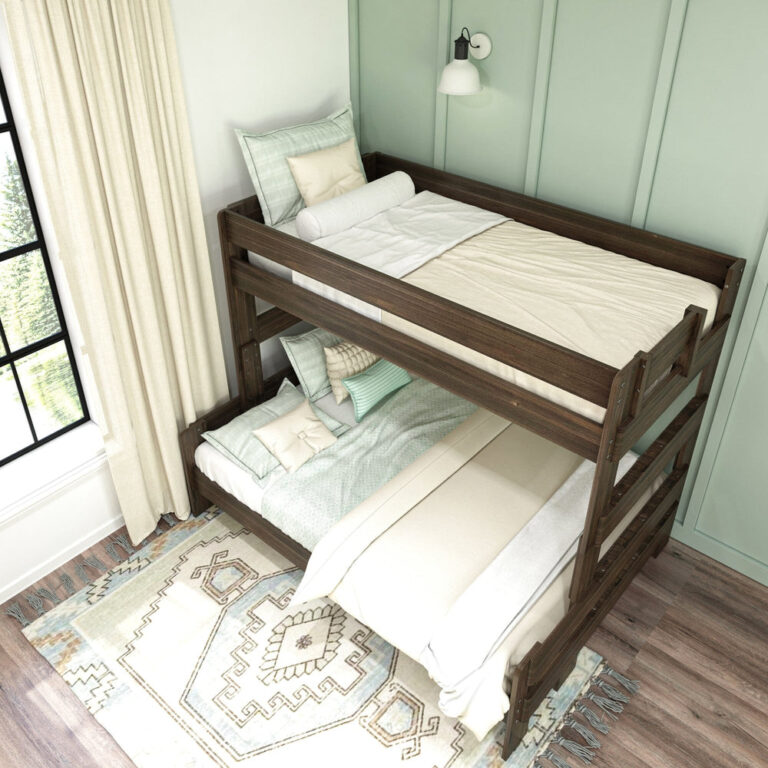 Max and Lily Modern Farmhouse Twin Over Full Bunk Bed in Barnwood Brown - overhead room view of both made bunks with styled bedding beside a window and patterned rug.