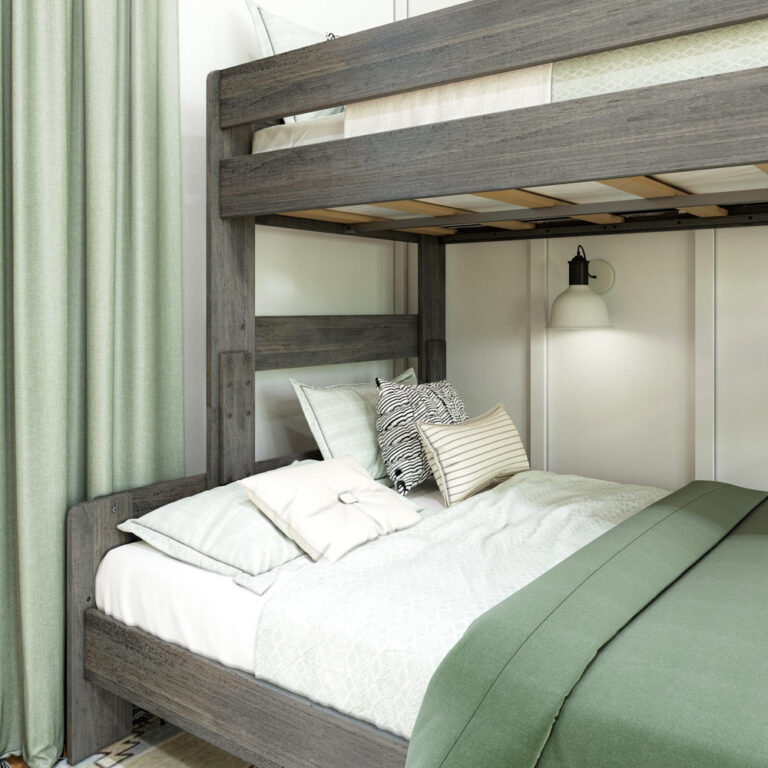 Max and Lily Modern Farmhouse Twin Over Full Bunk Bed in Driftwood - close-up of the lower full bed and upper bunk slats with decorative pillows.