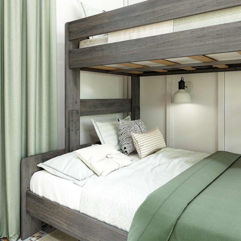 Max and Lily Modern Farmhouse Twin Over Full Bunk Bed in Driftwood - close-up of the lower full bed and upper bunk slats with decorative pillows.