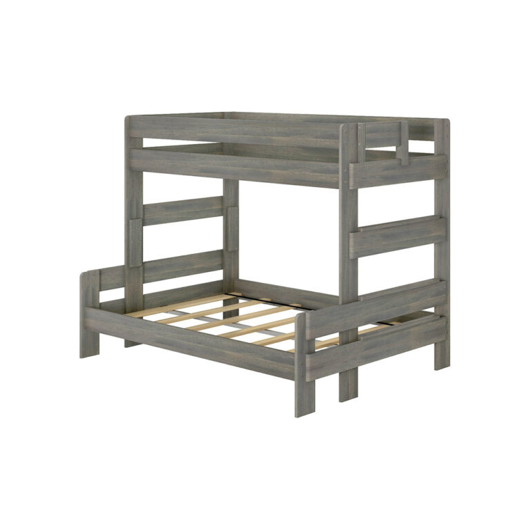 Max and Lily Modern Farmhouse Twin Over Full Bunk Bed in Driftwood - angled product view of the bed frame with wood slats and safety guardrails.