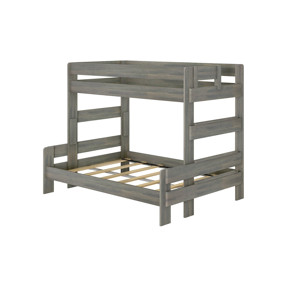 Max and Lily Modern Farmhouse Twin Over Full Bunk Bed in Driftwood - angled product view of the bed frame with wood slats and safety guardrails.