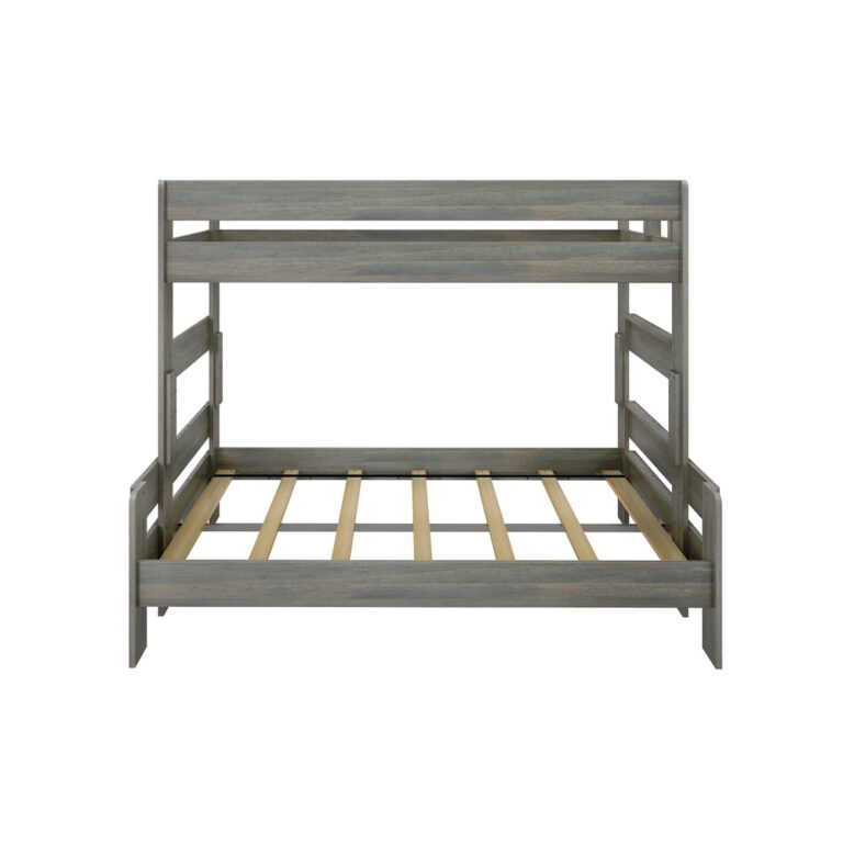 Max and Lily Modern Farmhouse Twin Over Full Bunk Bed in Driftwood - front product view of the frame showing the full-size lower slats and upper guardrails.