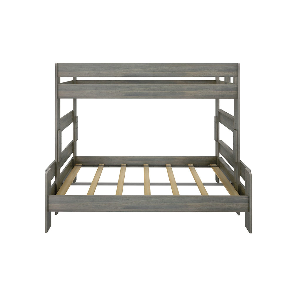 Max and Lily Modern Farmhouse Twin Over Full Bunk Bed in Driftwood - front product view of the frame showing the full-size lower slats and upper guardrails.