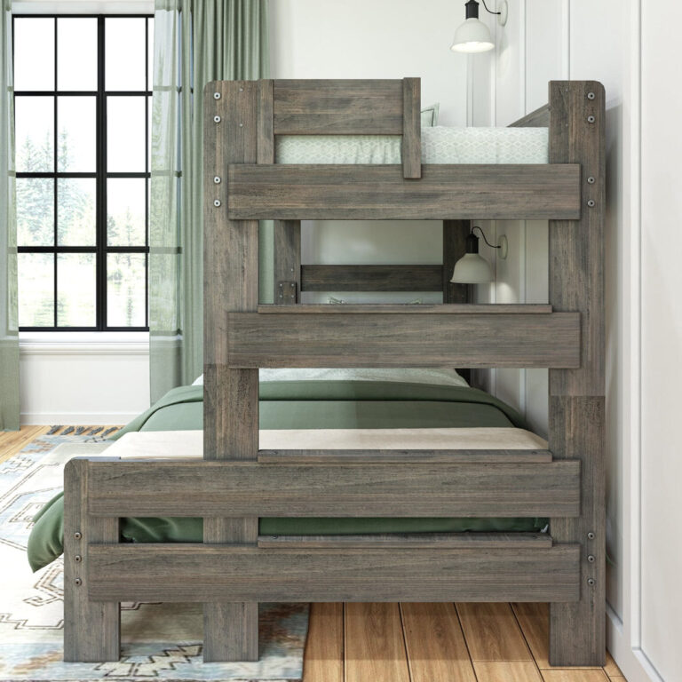 Max and Lily Modern Farmhouse Twin Over Full Bunk Bed in Driftwood - front view of the built-in end ladder used to reach the top bunk.