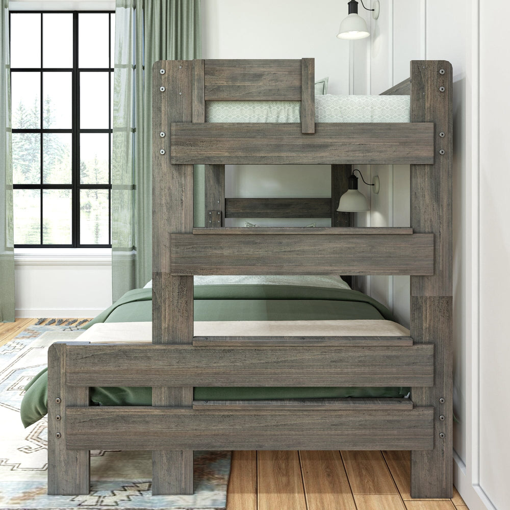 Max and Lily Modern Farmhouse Twin Over Full Bunk Bed in Driftwood - front view of the built-in end ladder used to reach the top bunk.