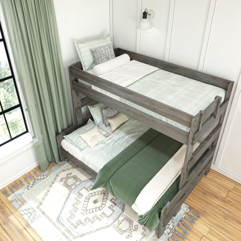 Max and Lily Modern Farmhouse Twin Over Full Bunk Bed in Driftwood - overhead view of both made beds in a bedroom with a patterned rug.