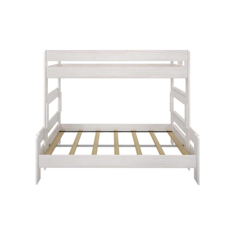 Max and Lily Modern Farmhouse Twin Over Full Bunk Bed - front studio view of the bare frame showing the twin upper bunk over the full-size lower bunk with slat supports.