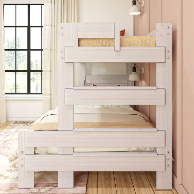 Max and Lily Modern Farmhouse Twin Over Full Bunk Bed - close-up of the integrated ladder rungs built into the bunk bed's end frame in a bedroom setting.