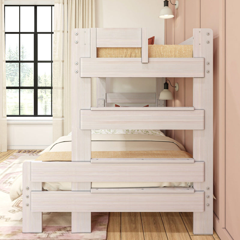Max and Lily Modern Farmhouse Twin Over Full Bunk Bed - close-up of the integrated ladder rungs built into the bunk bed's end frame in a bedroom setting.