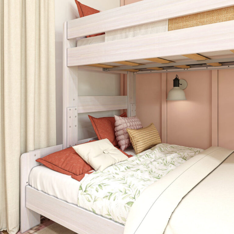 Max and Lily Modern Farmhouse Twin Over Full Bunk Bed - close-up of the full-size lower bunk styled with pillows and bedding beneath the upper bunk's slatted guardrail.