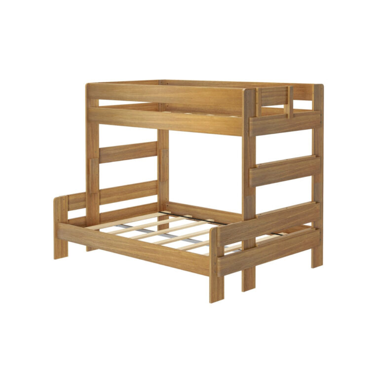 Max and Lily Modern Farmhouse Twin Over Full Bunk Bed in Pecan - angled studio view of the bare frame showing the slatted mattress supports and the built-in end ladder.