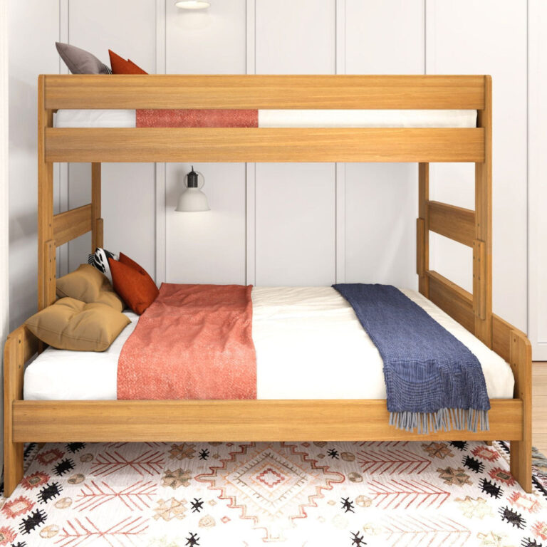 Max and Lily Modern Farmhouse Twin Over Full Bunk Bed in Pecan - front view in a styled bedroom showing the twin upper bunk with safety guardrails above the full-size lower bed.