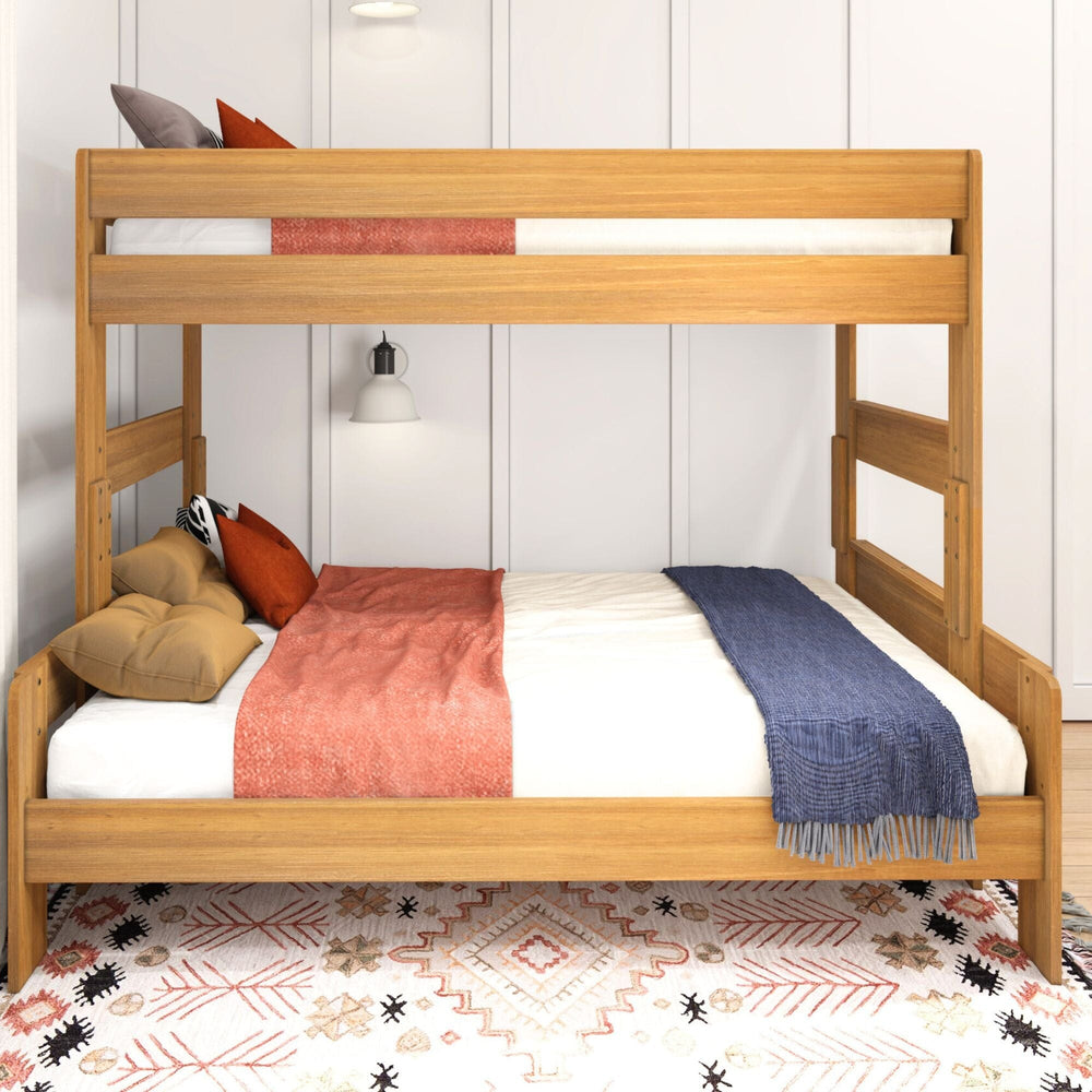 Max and Lily Modern Farmhouse Twin Over Full Bunk Bed in Pecan - front view in a styled bedroom showing the twin upper bunk with safety guardrails above the full-size lower bed.