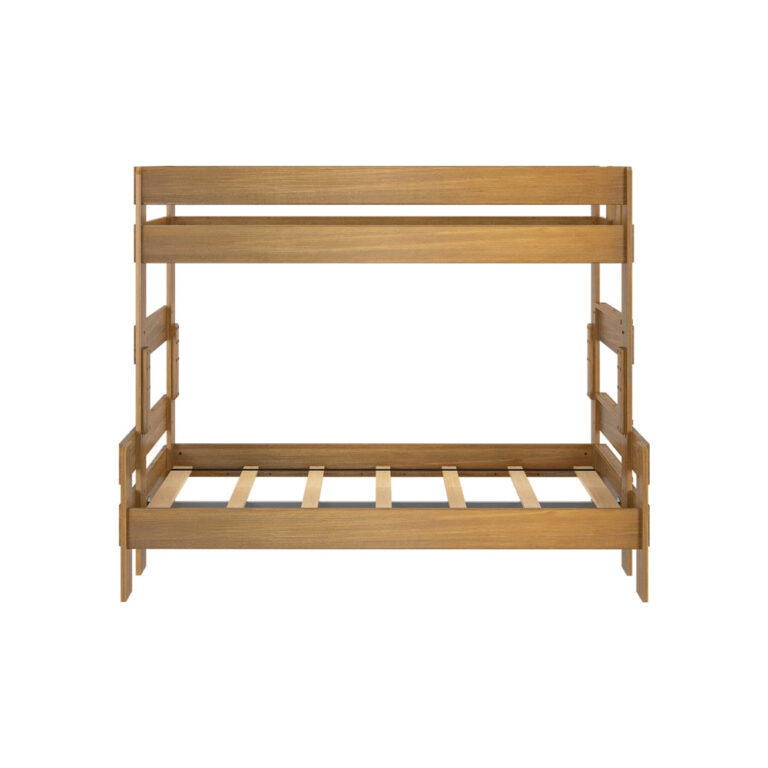 Max and Lily Modern Farmhouse Twin Over Full Bunk Bed in Pecan - straight-on front view of the bare frame showing the twin bunk with guardrails over the full lower bed and slatted base.