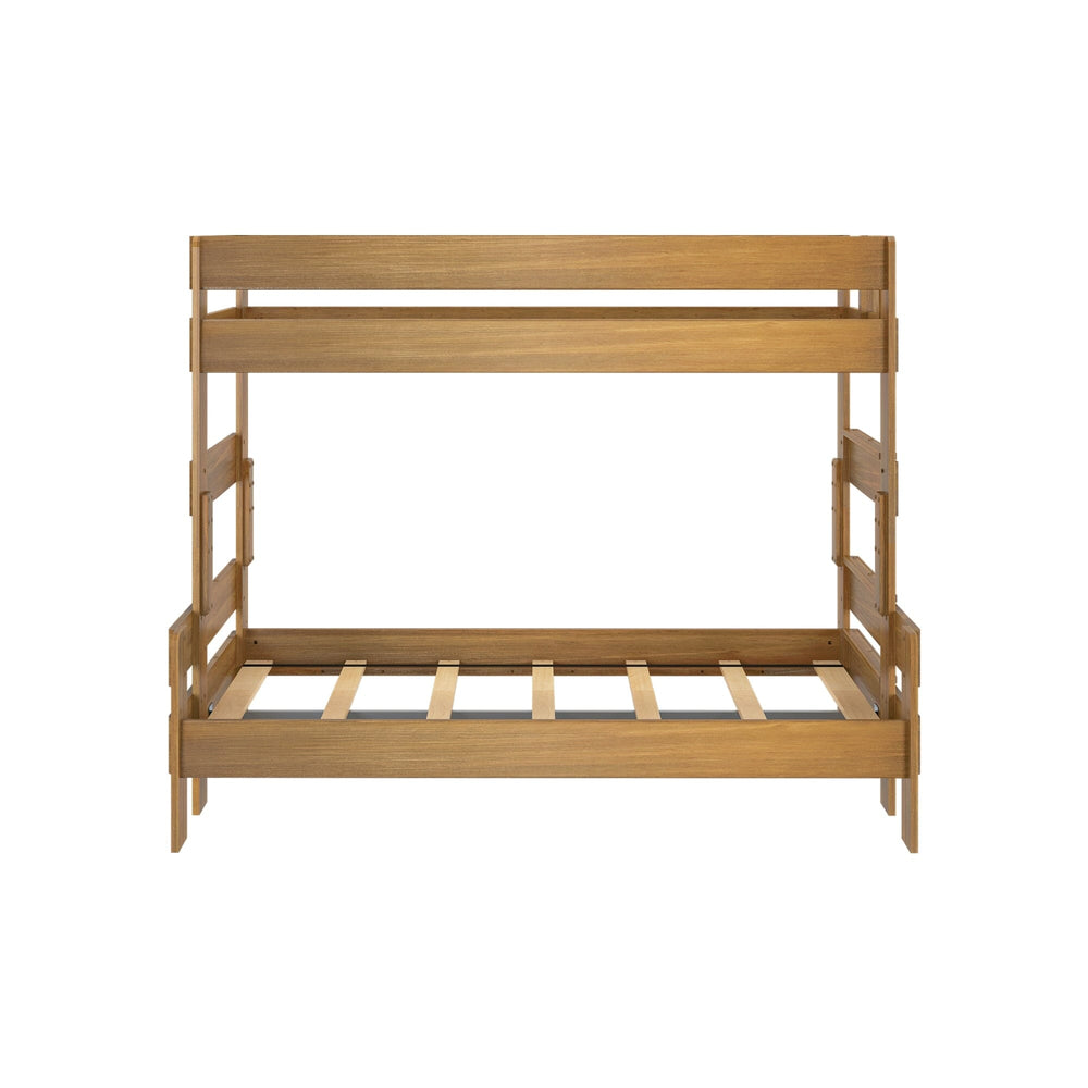 Max and Lily Modern Farmhouse Twin Over Full Bunk Bed in Pecan - straight-on front view of the bare frame showing the twin bunk with guardrails over the full lower bed and slatted base.