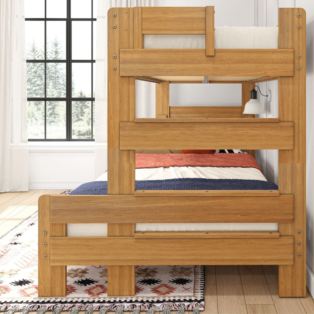 Max and Lily Modern Farmhouse Twin Over Full Bunk Bed in Pecan - close-up of the bed end showing the ladder rungs integrated into the end panel.