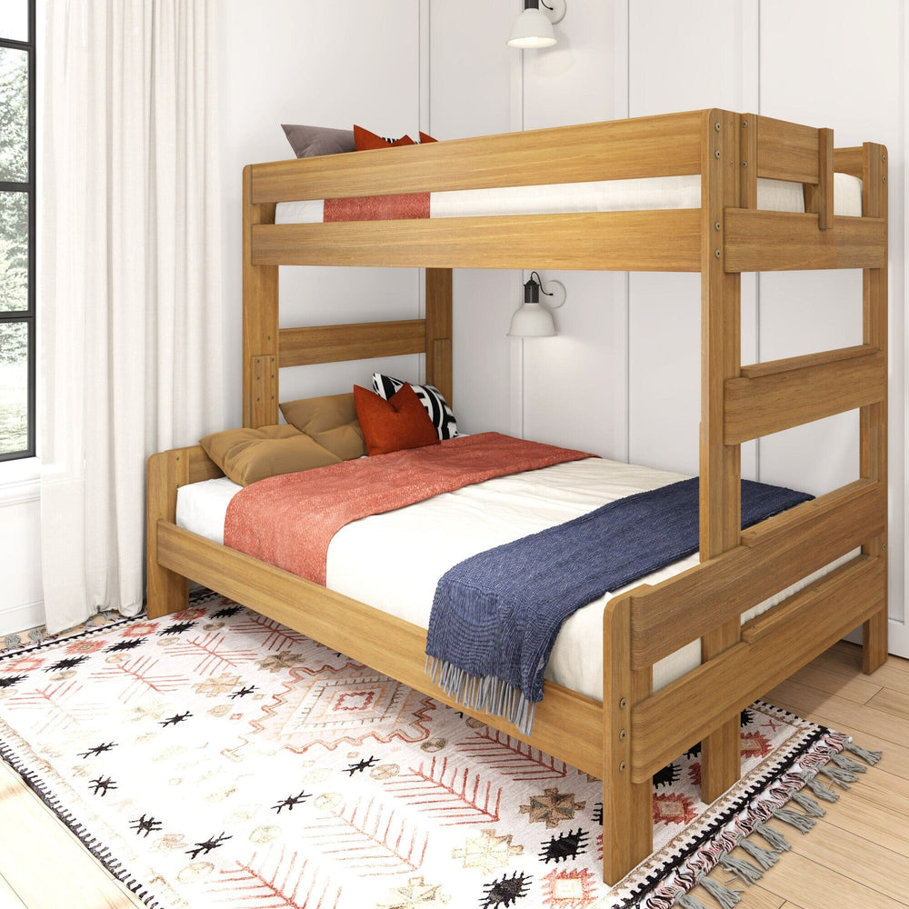 Max and Lily Modern Farmhouse Twin Over Full Bunk Bed in Pecan - angled view staged in a bedroom with an area rug, curtains and styled bedding, showing the twin upper bunk over the wider full lower bed.
