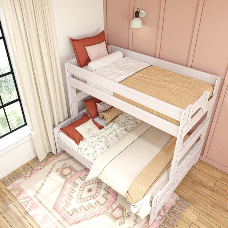 Max and Lily Modern Farmhouse Twin Over Full Bunk Bed - overhead angled view in a styled bedroom showing both bunks made up with bedding, the upper safety guardrail, and end ladder.