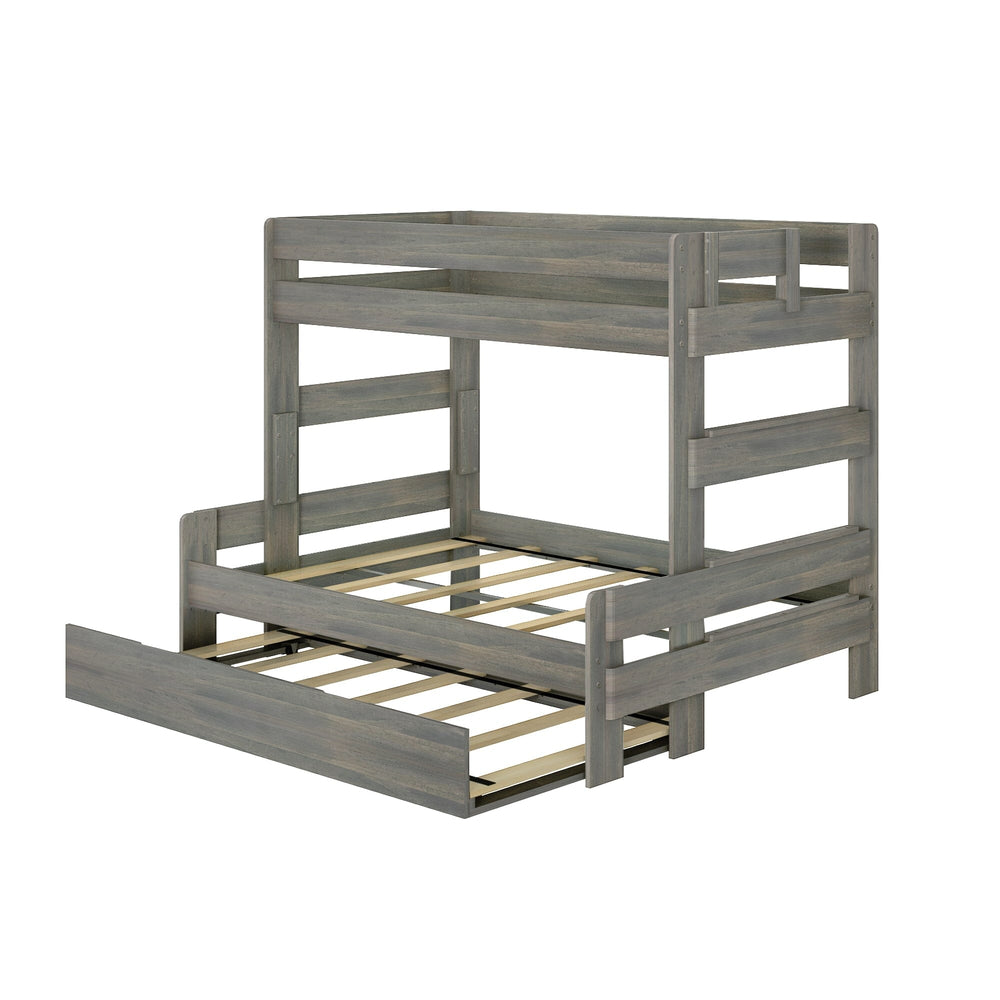 Max and Lily Modern Farmhouse Twin Over Full Bunk Bed With Trundle in Driftwood - angled view on a white background showing the ladder, guardrails and extended trundle with wooden slats.
