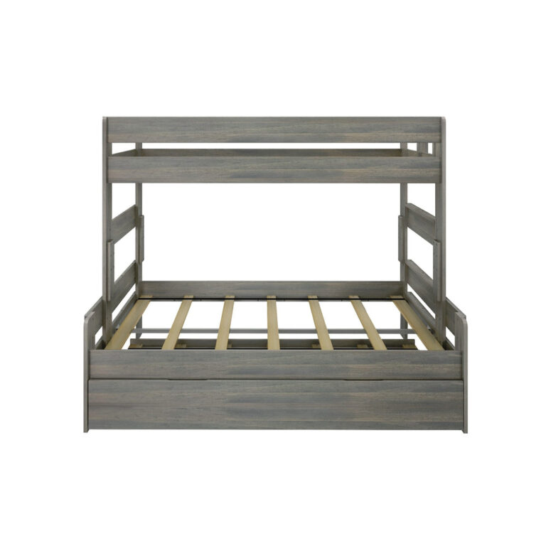 Max and Lily Modern Farmhouse Twin Over Full Bunk Bed With Trundle in Driftwood - front view on a white background showing the full-size lower bunk slats and the trundle drawer below.