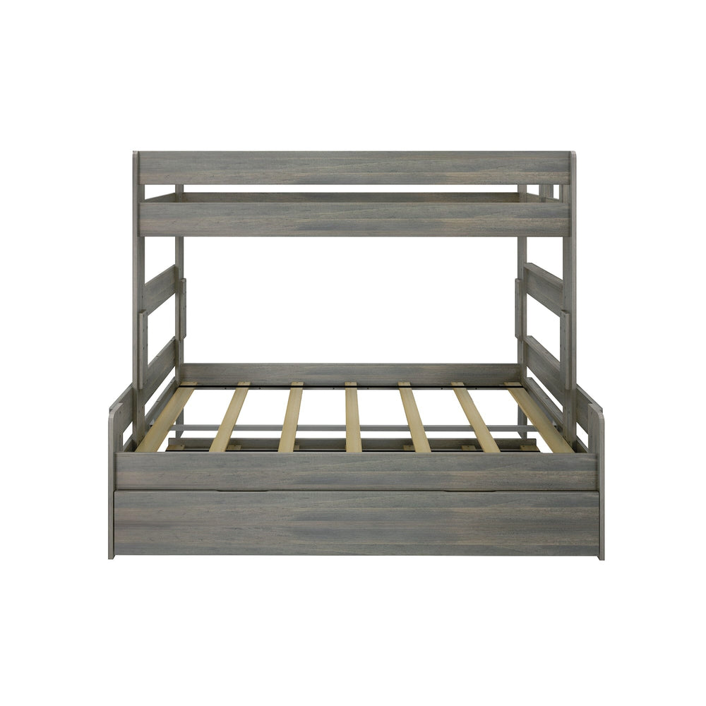Max and Lily Modern Farmhouse Twin Over Full Bunk Bed With Trundle in Driftwood - front view on a white background showing the full-size lower bunk slats and the trundle drawer below.