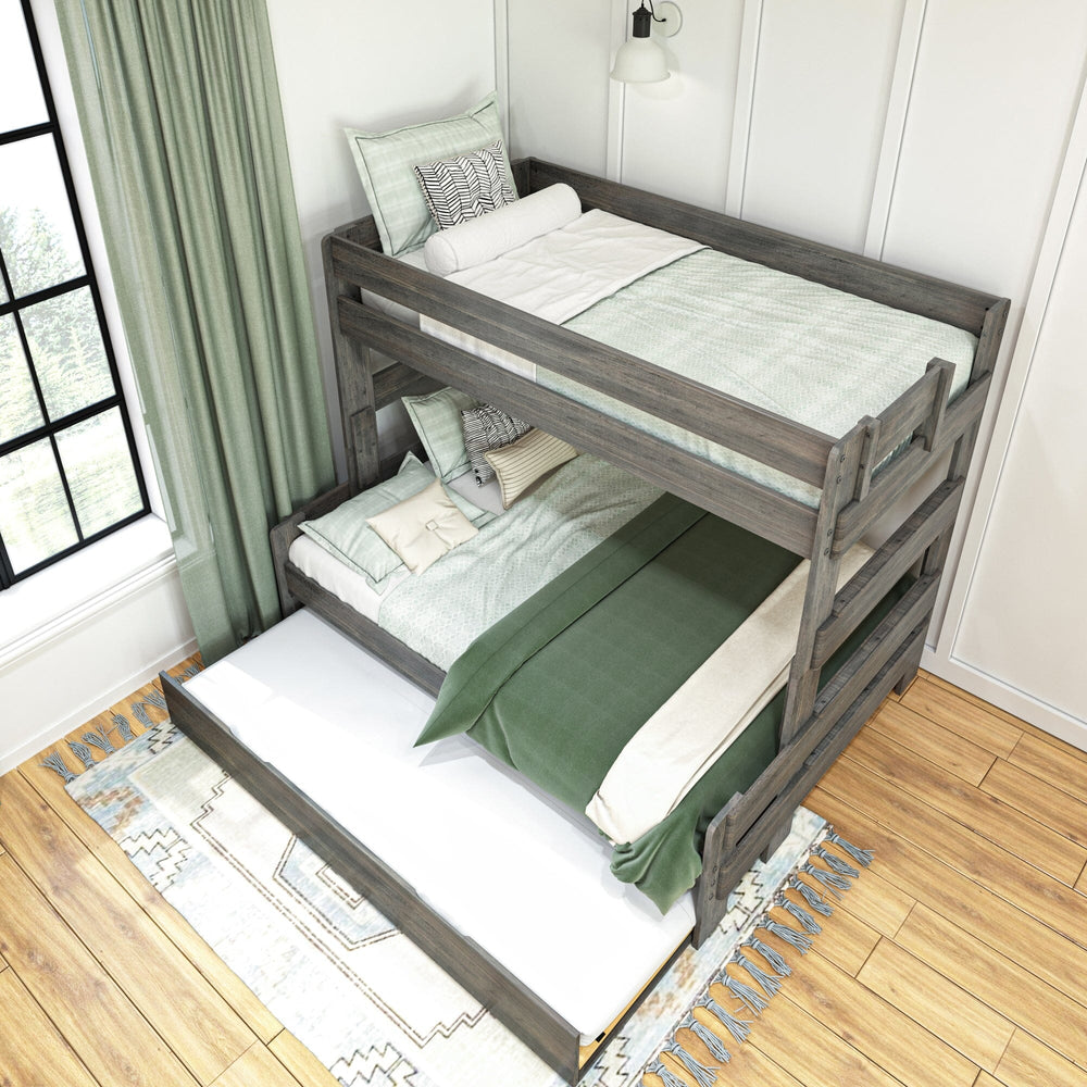 Max and Lily Modern Farmhouse Twin Over Full Bunk Bed With Trundle in Driftwood - overhead room view of both bunks made up with bedding and the trundle extended onto the rug.