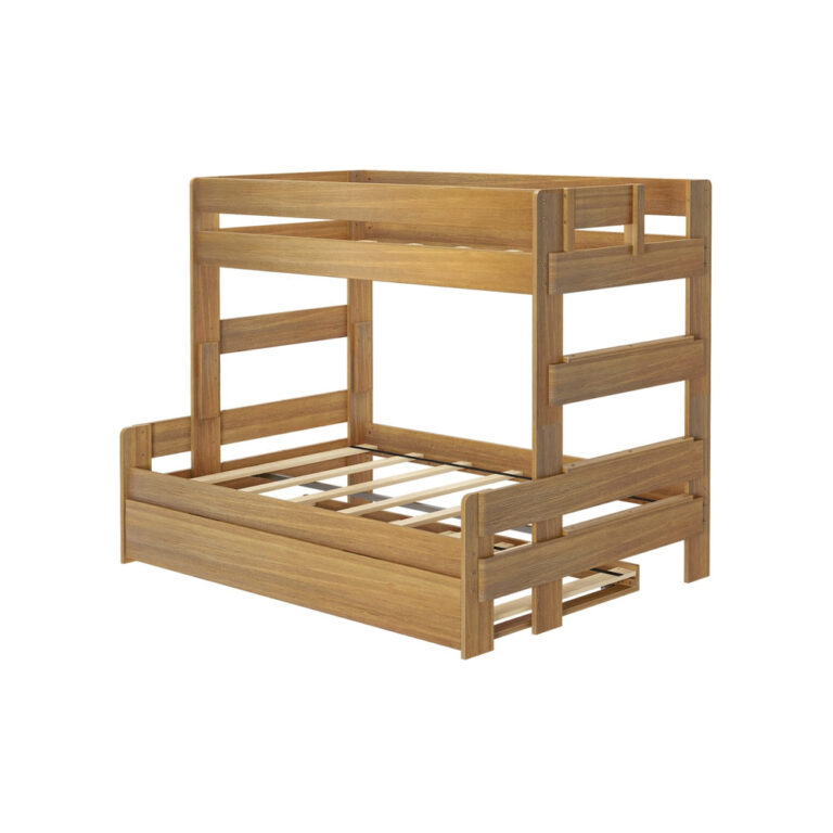 Max and Lily Modern Farmhouse Twin Over Full Bunk Bed With Trundle in Pecan - three-quarter angle view on a white background showing the ladder, guardrails, and slatted mattress supports.