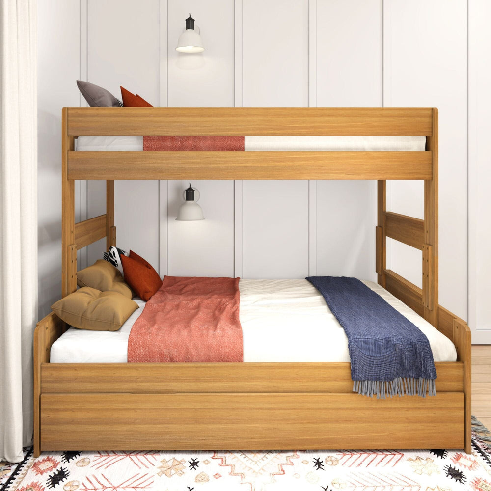 Max and Lily Modern Farmhouse Twin Over Full Bunk Bed With Trundle in Pecan - front view styled in a bedroom with pillows, throw blankets, and wall sconces.