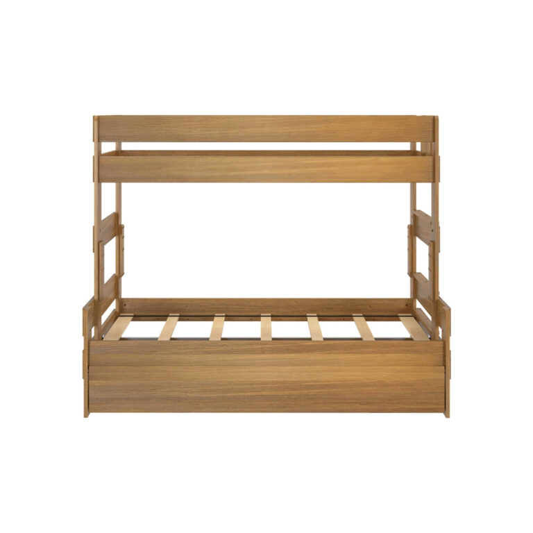 Max and Lily Modern Farmhouse Twin Over Full Bunk Bed With Trundle in Pecan - front elevation on a white background showing the upper bunk guardrails and wooden slat supports.
