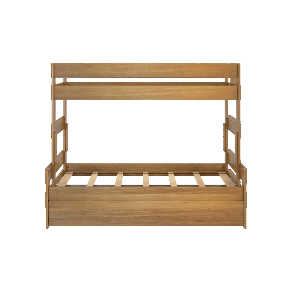 Max and Lily Modern Farmhouse Twin Over Full Bunk Bed With Trundle in Pecan - front elevation on a white background showing the upper bunk guardrails and wooden slat supports.